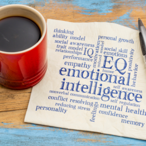 cup of coffee on top of an emotional intelligence sheet